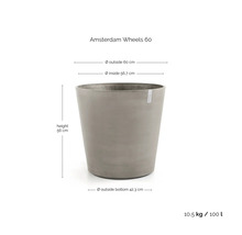Blomkruka Amsterdam Wheels 60 med mått: ytterdiameter 60 centimeter, innerdiameter 56,7 centimeter, höjd 56 centimeter, volym 100 liter.