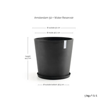 Blomkruka Amsterdam 50 med vattenreservoar, höjd 44,3 centimeter, ytterdiameter 50 centimeter, volym 62 liter.