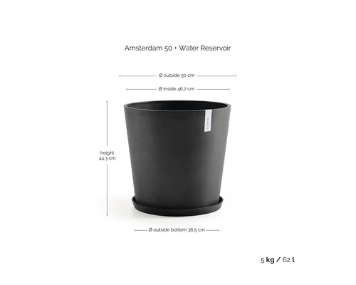 Blomkruka Amsterdam 50 med vattenreservoar, höjd 44,3 centimeter, ytterdiameter 50 centimeter, volym 62 liter.