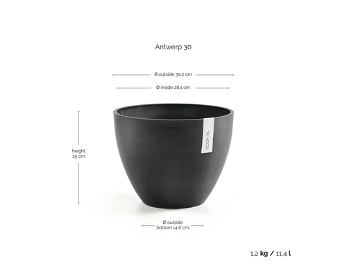 Ecopots Antwerp 30 blomkruka, höjd 25 centimeter, ytterdiameter 30,2 centimeter, volym 11,4 liter.