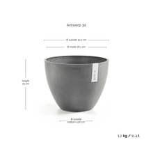 Ecopots Antwerp 30 grå rund blomkruka, mått: höjd 25 centimeter, ytterdiameter 30,2 centimeter, volym 11,4 liter.