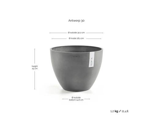Ecopots Antwerp 30 grå rund blomkruka, mått: höjd 25 centimeter, ytterdiameter 30,2 centimeter, volym 11,4 liter.