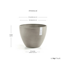 Blomkruka Ecopots Antwerp 30: höjd 25 centimeter, ytterdiameter 30,2 centimeter, volym 11,4 liter, vikt 1,2 kilogram.