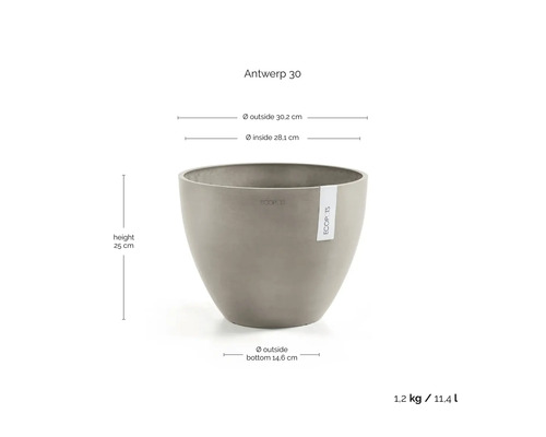 Blomkruka Ecopots Antwerp 30: höjd 25 centimeter, ytterdiameter 30,2 centimeter, volym 11,4 liter, vikt 1,2 kilogram.