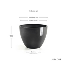 Ecopots blomkruka Antwerp 40: höjd 30 centimeter, ytterdiameter uppe 39,7 centimeter, nere 20,5 centimeter, volym 25 liter.