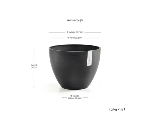 Ecopots blomkruka Antwerp 40: höjd 30 centimeter, ytterdiameter uppe 39,7 centimeter, nere 20,5 centimeter, volym 25 liter.