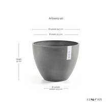 Ecopots blomkruka Antwerp 40, höjd 30 centimeter, ytterdiameter 39,7 centimeter, innerdiameter 37,3 centimeter, volym 25 liter.