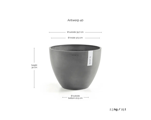 Ecopots blomkruka Antwerp 40, höjd 30 centimeter, ytterdiameter 39,7 centimeter, innerdiameter 37,3 centimeter, volym 25 liter.
