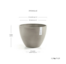 Grå blomkruka Ecopots Antwerp 40, diameter 39,7 centimeter, höjd 30 centimeter, volym 25 liter, vikt 2,3 kilogram.