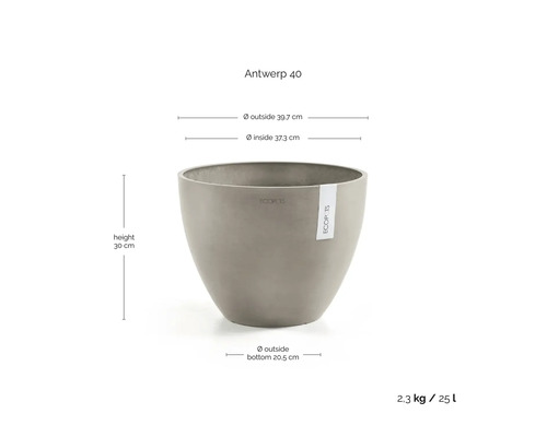 Grå blomkruka Ecopots Antwerp 40, diameter 39,7 centimeter, höjd 30 centimeter, volym 25 liter, vikt 2,3 kilogram.