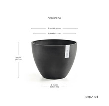 Ecopots blomkruka Antwerp 50 i antracit med mått: höjd 38,8 centimeter, ytterdiameter 50 centimeter, innerdiameter 47,1 centimeter.