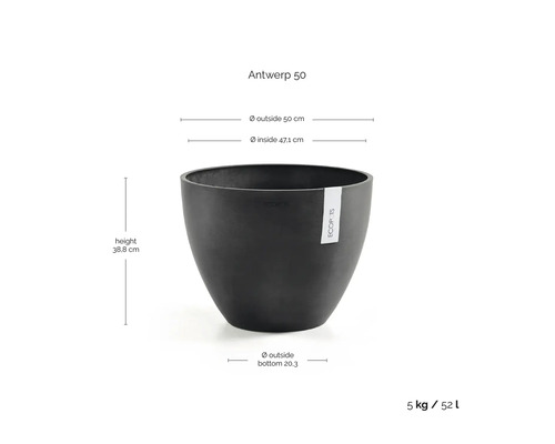 Ecopots blomkruka Antwerp 50 i antracit med mått: höjd 38,8 centimeter, ytterdiameter 50 centimeter, innerdiameter 47,1 centimeter.