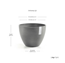 ECOPOTS Antwerp 50 blomkruka: höjd 38,8 centimeter, ytterdiameter 50 centimeter, volym 52 liter, vikt 5 kilogram.