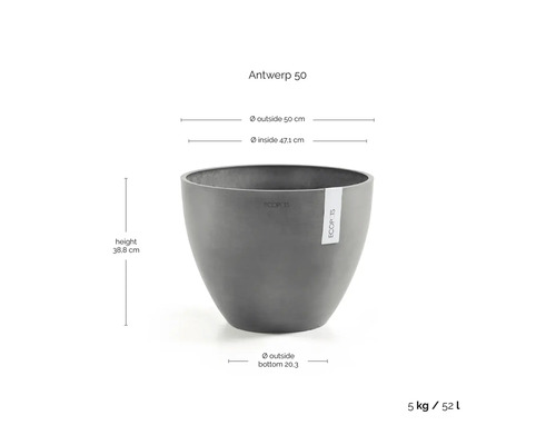 ECOPOTS Antwerp 50 blomkruka: höjd 38,8 centimeter, ytterdiameter 50 centimeter, volym 52 liter, vikt 5 kilogram.