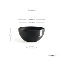 Planteringsskål Brussel 25 i plast: höjd 12 centimeter, ytterdiameter 25 centimeter, volym 3,6 liter, vikt 0,7 kilogram.