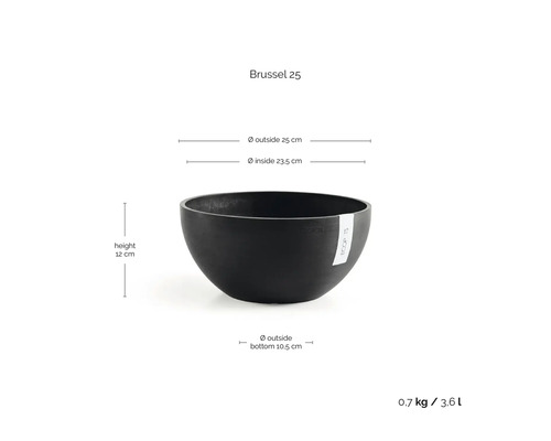 Planteringsskål Brussel 25 i plast: höjd 12 centimeter, ytterdiameter 25 centimeter, volym 3,6 liter, vikt 0,7 kilogram.