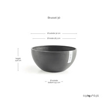 Ecopots skål Brussel 30 med mått: diameter 30 centimeter, höjd 14,8 centimeter, vikt 0,9 kilogram, volym 6,5 liter.