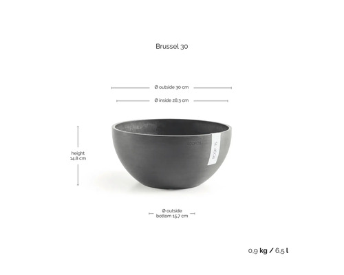 Ecopots skål Brussel 30 med mått: diameter 30 centimeter, höjd 14,8 centimeter, vikt 0,9 kilogram, volym 6,5 liter.