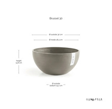 Grå ECOPOTS Brussel 30 planteringsskål: höjd 14,8 centimeter, ytterdiameter 30 centimeter, volym 6,5 liter, vikt 0,9 kilogram.
