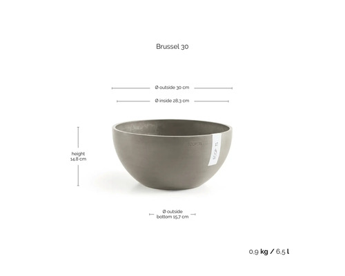 Grå ECOPOTS Brussel 30 planteringsskål: höjd 14,8 centimeter, ytterdiameter 30 centimeter, volym 6,5 liter, vikt 0,9 kilogram.