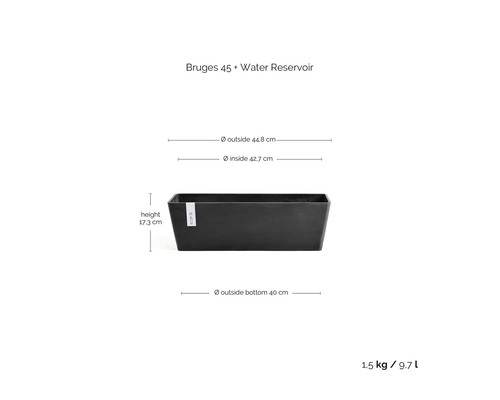 Balkonglåda Bruges 45 med vattenreservoar, uppe 44,8 centimeter, inne 42,7 centimeter, höjd 17,3 centimeter, nere 40 centimeter, 9,7 liter.
