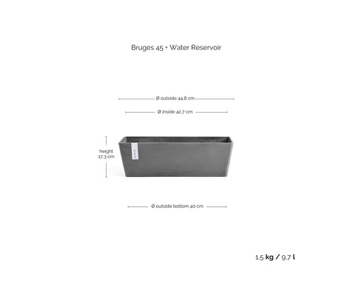 ECOPOTS blomlåda Bruges 45 med vattenreservoar. Höjd 17,3 centimeter, yttermått upptill 44,8 centimeter, innermått 42,7 centimeter.