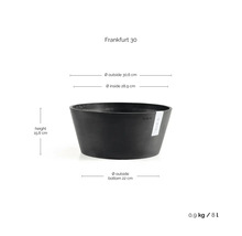 Ecopots växtskål Frankfurt 30 med måtten: höjd 15,6 centimeter, ytterdiameter 30,6 centimeter, volym 8 liter.