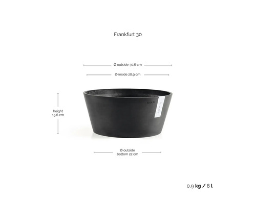 Ecopots växtskål Frankfurt 30 med måtten: höjd 15,6 centimeter, ytterdiameter 30,6 centimeter, volym 8 liter.