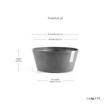 Ecopots Frankfurt 30 planteringsskål i mörkgrått: höjd 15,6 centimeter, ytterdiameter 30,6 centimeter, volym 8 liter.