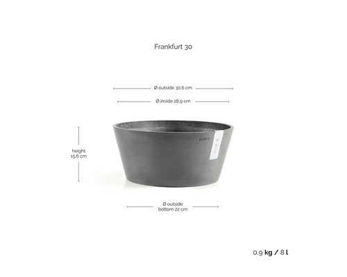 Ecopots Frankfurt 30 planteringsskål i mörkgrått: höjd 15,6 centimeter, ytterdiameter 30,6 centimeter, volym 8 liter.