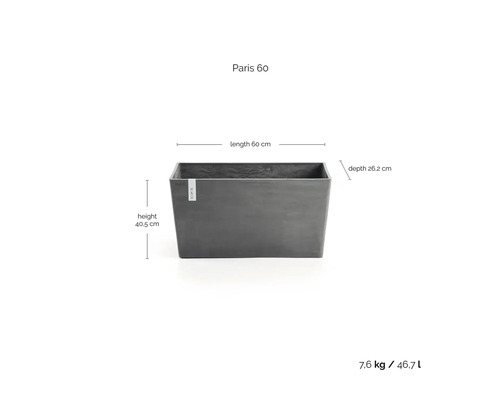 Rektangulär blomlåda Paris 60: längd 60 centimeter, höjd 40,5 centimeter, djup 26,2 centimeter, vikt 7,6 kilogram, volym 46,7 liter.