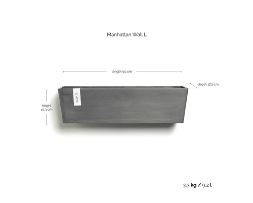 ECOPOTS väggplanteringslåda Manhattan Wall L, 55 gånger 15,3 gånger 17,2 centimeter, volym 9,2 liter, vikt 3,3 kilogram.