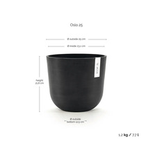 Ecopots Oslo 25 blomkruka: höjd 21,8 centimeter, ytterdiameter 25 centimeter, volym 7,7 liter, vikt 1,2 kilogram.