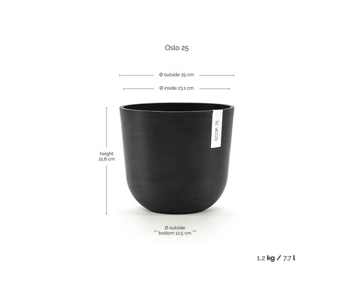Ecopots Oslo 25 blomkruka: höjd 21,8 centimeter, ytterdiameter 25 centimeter, volym 7,7 liter, vikt 1,2 kilogram.