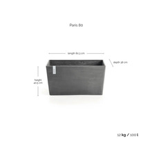Ecopots planteringslåda Paris 80: längd 80.3 centimeter, djup 38 centimeter, höjd 40.5 centimeter. Vikt 12 kilogram, volym 100 liter.