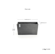 Mörkgrått Ecopots planteringskärl Paris 100: längd 99,7, höjd 51, djup 46,4 centimeter, volym 170 liter, vikt 22 kilogram.