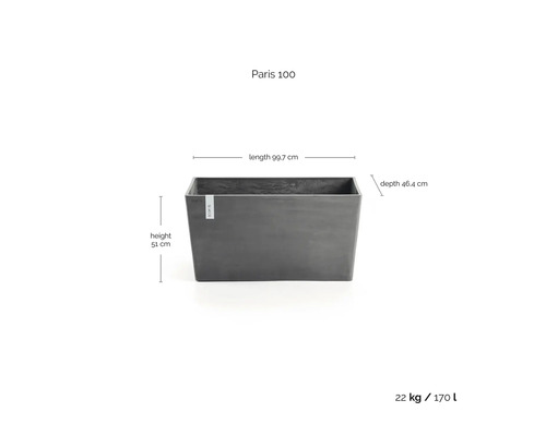 Mörkgrått Ecopots planteringskärl Paris 100: längd 99,7, höjd 51, djup 46,4 centimeter, volym 170 liter, vikt 22 kilogram.