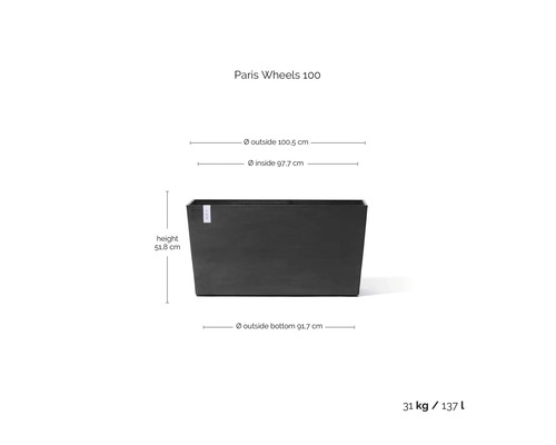 Mörkgrå rektangulär planteringslåda Paris Wheels 100 med mått: höjd 51,8 centimeter, bredd 100,5 centimeter, volym 137 liter.