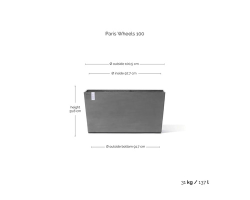 Rektangulär planteringskärl Paris Wheels 100 med mått: höjd 51,8 centimeter, yttre bredd 100,5 centimeter och volym 137 liter.