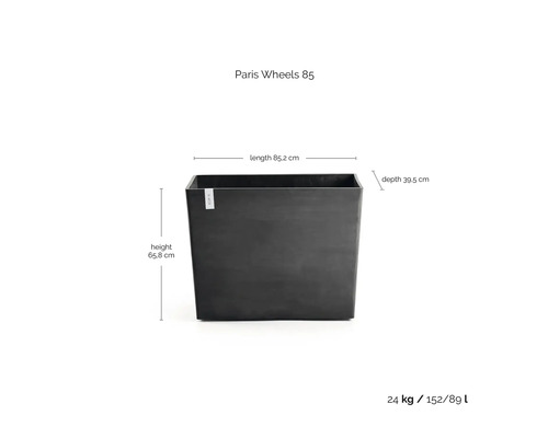 Rektangulär planteringskruka Paris Wheels 85, antracit, längd 85,2 centimeter, höjd 65,8 centimeter, djup 39,5 centimeter, vikt 24 kilogram.
