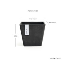 Kvadratisk blomkruka Ecopots Rotterdam 20, längd 20,3 centimeter, djup 20,3 centimeter, höjd 17,8 centimeter, volym 5,2 liter.
