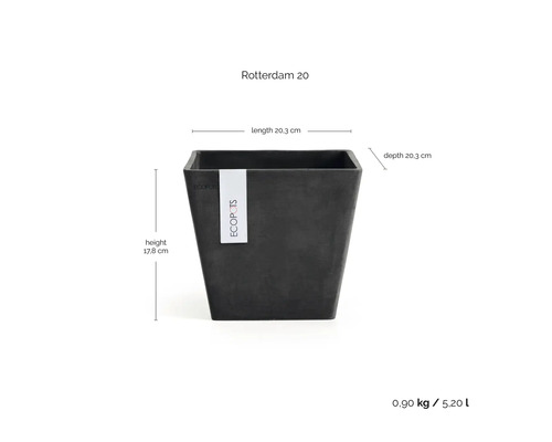Kvadratisk blomkruka Ecopots Rotterdam 20, längd 20,3 centimeter, djup 20,3 centimeter, höjd 17,8 centimeter, volym 5,2 liter.