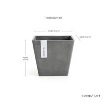 Fyrkantig blomkruka Ecopots Rotterdam 20 i grått, längd 20,3 centimeter, djup 20,3 centimeter, höjd 17,8 centimeter.