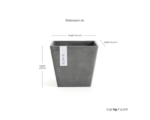 Fyrkantig blomkruka Ecopots Rotterdam 20 i grått, längd 20,3 centimeter, djup 20,3 centimeter, höjd 17,8 centimeter.