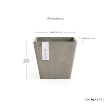 ECOPOTS blomkruka Rotterdam 20, kvadratisk, av återvunnen plast. Längd 20,3 centimeter, djup 20,3 centimeter, höjd 17,8 centimeter.