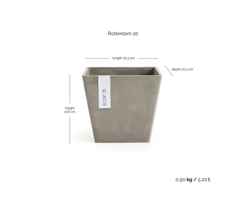 ECOPOTS blomkruka Rotterdam 20, kvadratisk, av återvunnen plast. Längd 20,3 centimeter, djup 20,3 centimeter, höjd 17,8 centimeter.