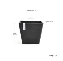 Ecopots Rotterdam 30, fyrkantig blomkruka: längd 29.5 centimeter, djup 29.5 centimeter, höjd 26.4 centimeter, volym 17 liter.