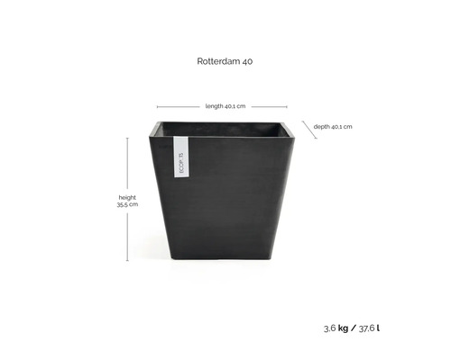 Kvadratisk Ecopots Rotterdam 40 blomkruka. Höjd 35,5 centimeter, längd 40,1 centimeter, djup 40,1 centimeter. Volym 37,6 liter.