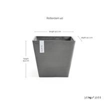 Kvadratisk blomkruka Ecopots Rotterdam 40, grå, mått 40,1 gånger 40,1 gånger 35,5 centimeter, volym 37,6 liter, vikt 3,6 kilogram.