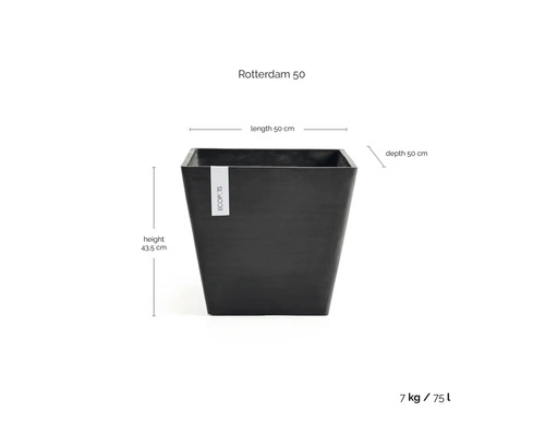 Mörkgrå kvadratisk blomkruka Ecopots Rotterdam 50 av plast, längd 50 centimeter, djup 50 centimeter, höjd 43,5 centimeter.